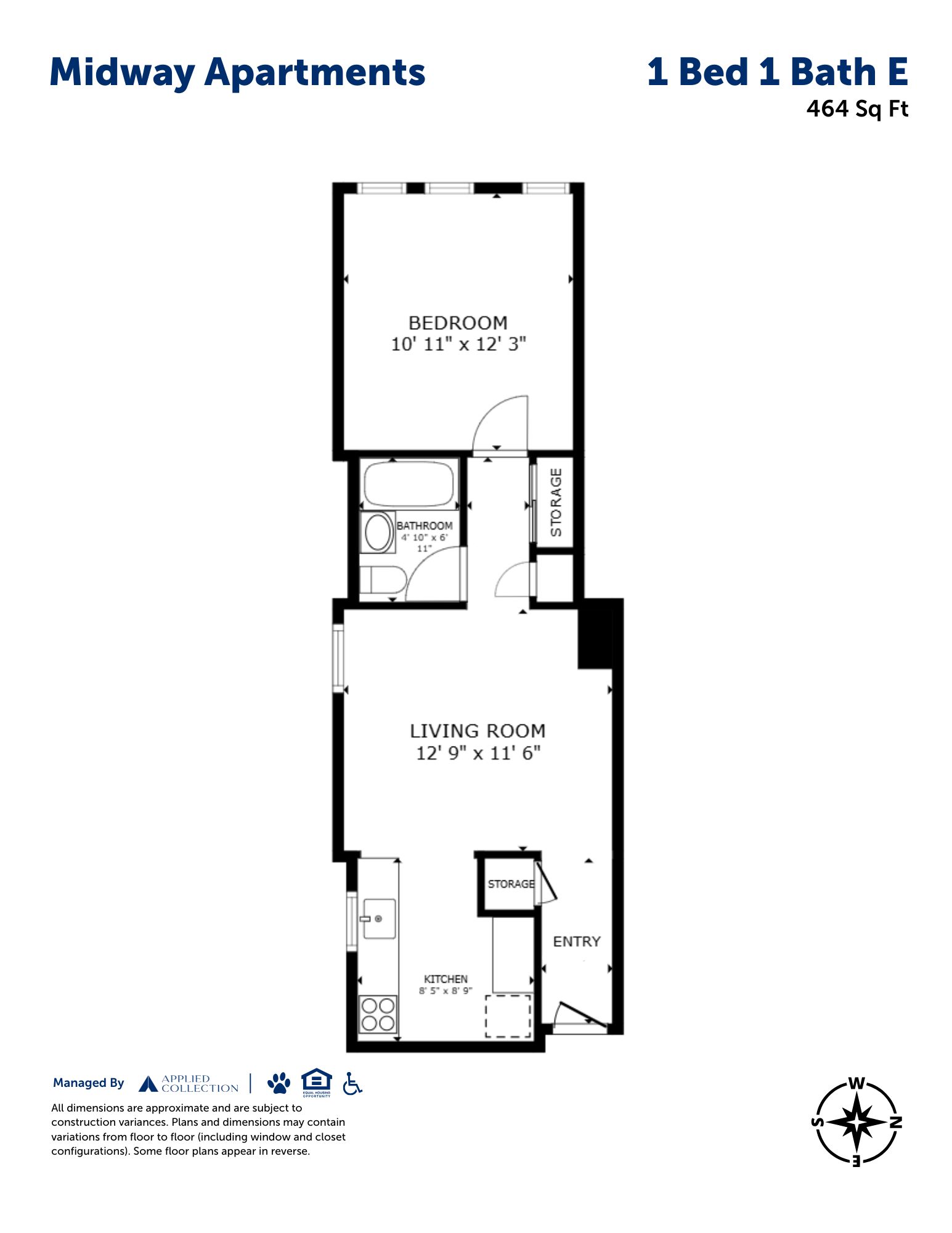 Floor plan for 1 bed, 1 bath, 464 sqft